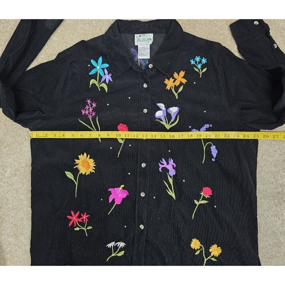 VTG Quacker Factory Black Embroidered Floral Button Up Thin Corduroy Shirt Sz 1X - Picture 6 of 6